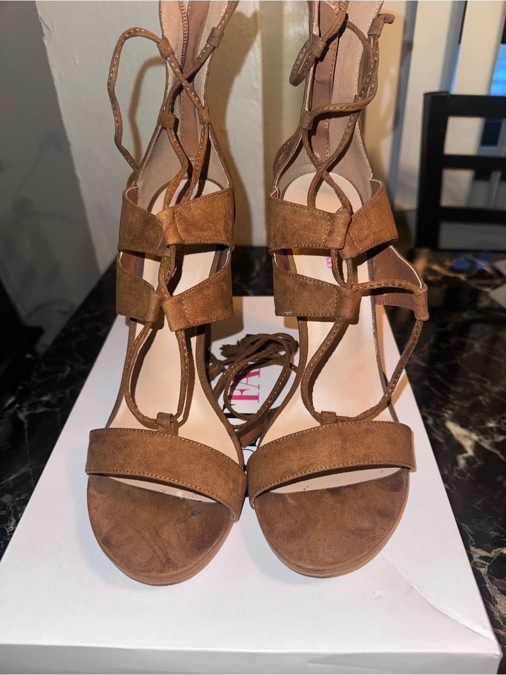 JustFab Brown/Tan Suede Lace-Up Heeled Sandals
